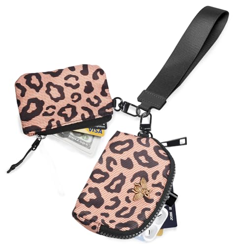 COOLANS Mini Wristlet Wallets Dual Pouch,Around Wristlet Handbag Wallet for Women Zip Cards Holder,Wristlet Bracelet Purse - color: Leopard Brown