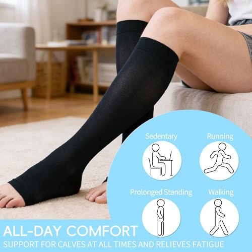 Compression Socks for Women and Men, 23-32mmHg , Open Toe, Knee High Length Compression Stockings for Varicose Veins, DVT, Edema, Running, Nursing - size: L