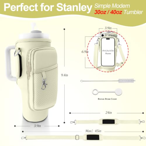 Water Bottle Carrier Bag for Stanley Cup 40oz/30oz with Phone Pocket, Neoprene Water Bottle Holder with Adjustable Shoulder & Handle Strap, Stanley Cup Accessories for Walking Travel Gym - color: Beige