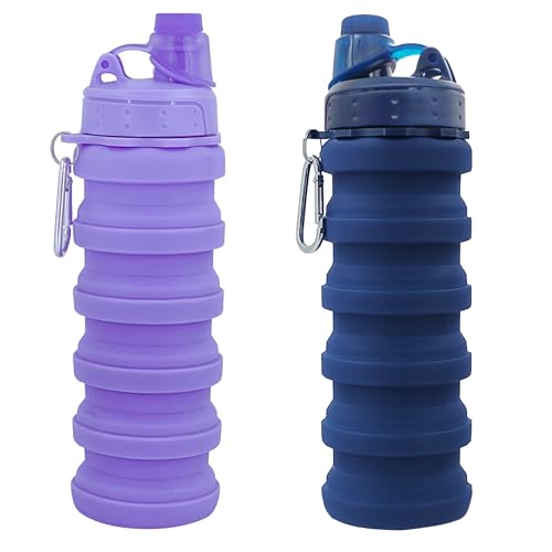 Collapsible Water Bottles Travel water bottle Sports Portable Sport Water Bottle Reusable Water Bottles comes with mountaineering Buckle 500ml silicone Water-proof camping water bottle - color: Dark blue+purple, style: 2 pack