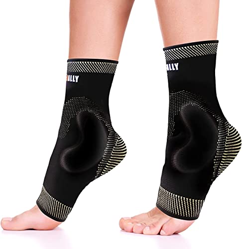 NeoAlly Copper Infused Ankle Brace Silicone Gel Ankle Support Compression Sleeves for Pain Relief, Plantar Fasciitis, Achilles Tendonitis, Large, 1 Pair