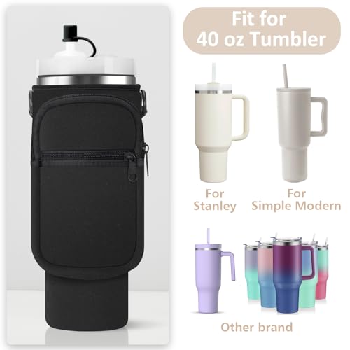 AceTreker Water Bottle Carrier Bag with Strap for Stanley 40/30 oz Tumbler Neoprene Insulated Cup Holder Sleeve with Phone Pocket & Straw Cover for Stanley Cup Accessories - color: 01-Black, style: 40 Oz