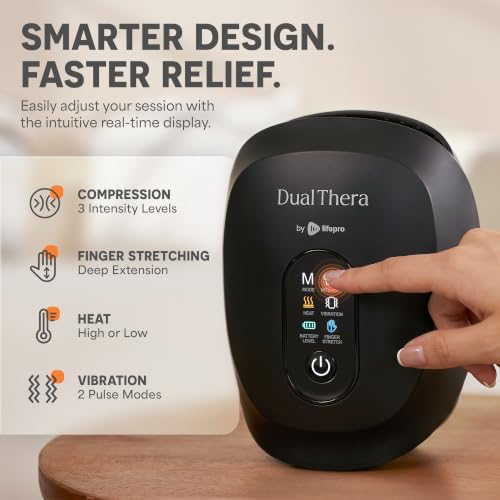 Lifepro DualThera Hand Massager – Finger Stretching, Heat & Compression - color: Black