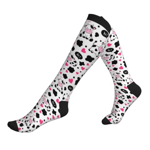 Tie Dye Compression Socks Knee High Support Socks For Women Men Running Athletic Hiking - color: Cow