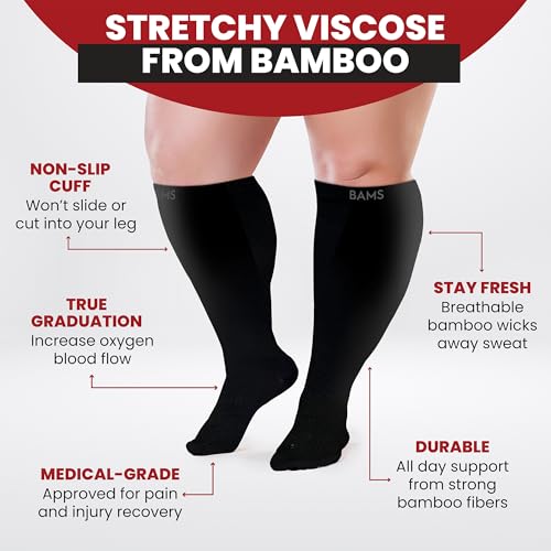 BAMS Plus Size Compression Socks Wide Calf XL XXL XXXL – Graduated Knee-High Support, Viscose from Bamboo Easy-On/Easy-Off - color: Black, size: XX-Large