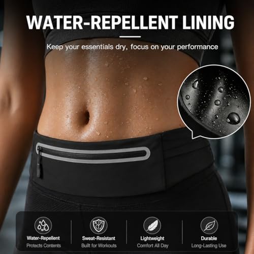 Slim No-Bounce Running Belt - Waterproof Exercise Waist Pack for Marathons, Hiking & Dog Walking - Hidden Travel Money Belt for Phones - color: Black