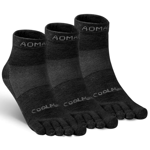 Toe Socks for Men and Women Athletic Running Coolmax Five Finger Ankle/Quarter Socks Breathable Lightweight, 3 Pairs - color: E4109# Black, size: Large