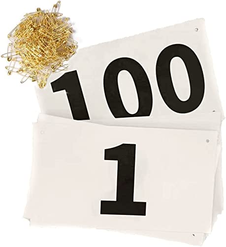 Running Race Bibs Large Numbers with Safety Pins for Marathon Race Events- Tyvek Tearproof Waterproof - color: 1-100 Number