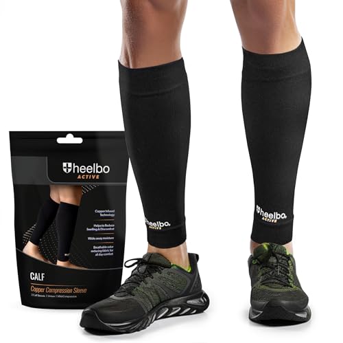 Heelbo Copper Infused Calf Compression Sleeves, Support Muscle Recovery & Blood Circulation, All Day Comfort, Breathable, Moisture Wicking, Black, Small - size: Small
