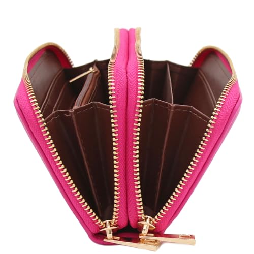 FashionPuzzle Double Zip Around PU Leather Wristlet Cell Phone Wallet - color: Fuchsia