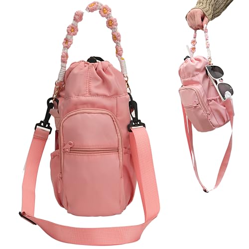 Wongeto Water Bottle Holder with Strap,25oz/40oz/64oz Water Bottle Carrier Sling Bag with Phone Pocket Crossbody Adjustable Shoulder with Hand Strap for Walking - color: Pink