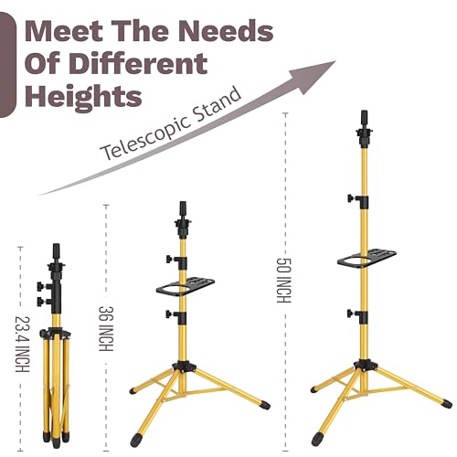ZQIAN BEAUTY Wig Stand Tripod 50 Inch Metal Wig Mannequin Head Tripod Stand For Hairdressing Training Head Adjustable Wig Tripod Stand with Tool Tray (Golden, Mannequin Head Not Included) - color: Golden, size: 50 Inch