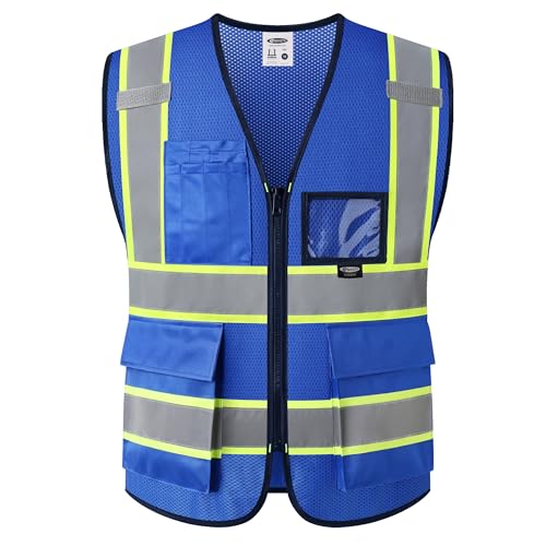 JKSafety Safety Vest for men women Hi Vis Vest with Pockets and Zipper High Visibility Reflective Vests BX320 - color: Blue, size: Medium