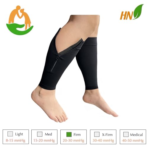 HealthyNees Seniors Care Footless 20-30 mmHg Compression Shin Calf Leg Men Women 1 Pair Zipper Sleeves (Black, Small-Medium) - color: Black, size: Small-Medium