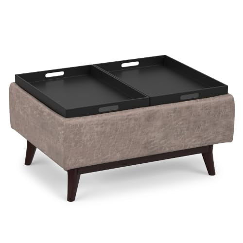 SIMPLIHOME Owen 34" Wide Vegan Leather Rectangle Tray Top Ottoman in Grey - color: Distressed Grey