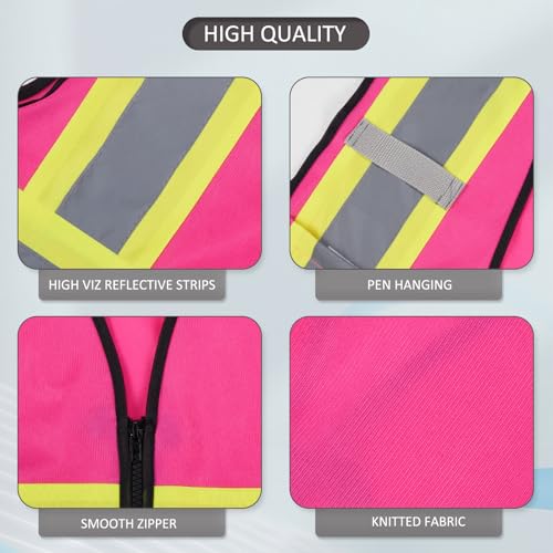 High Visibility Reflective Safety Vest with Zipper and Pockets Pink,L - color: Pink, size: Large