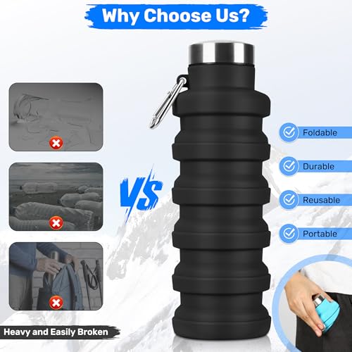 Collapsible Water Bottles, 16oz Foldable Silicone Travel Water Bottle with Carabiner, Wide Mouth, Leak-Proof, BPA-Free for Hiking, Camping, Travel - Blue - color: Blue, size: 16 Ounces