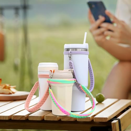 Water Bottle Handle, Silicone Water Bottle Sling, Carrier, Holder with Strap, Fits Most 8-40oz Bottles Stanley Cup Accessories - color: Pink-Yellow-Green