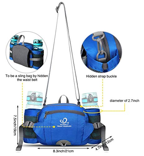 WATERFLY Fanny Pack Waist Bag: Fannie Pack 2 Water Bottle Holders Lumbar Belt Hiking Walking Running Jogging Camping Large Woman Man (Bottle Not Included) - color: Blue