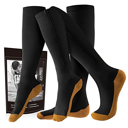 cerpite Zipper Compression Socks, 2 Pairs 15-20 mmHg Closed Toe Compression Stockings for Men Women - color: Black Copper, size: Small-Medium