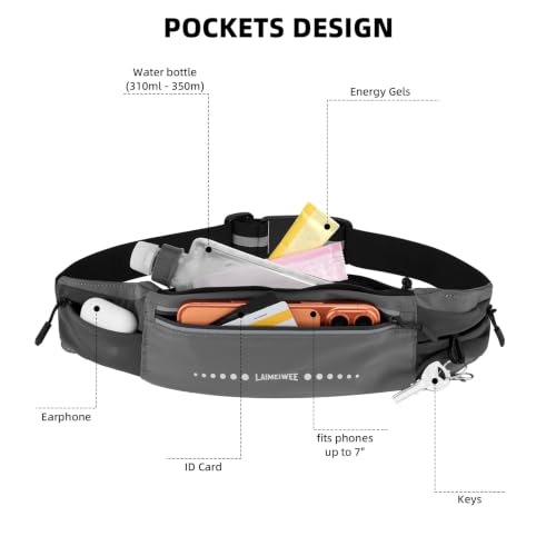 Lightweight Running Belt, Water-Resistant Waist Pack for Women & Men, 4-Zone Organization Fits Up to 7" Phone, Reflective Strips Design for Marathon Training, Jogging, Hiking, Commuting - color: Dark Gray