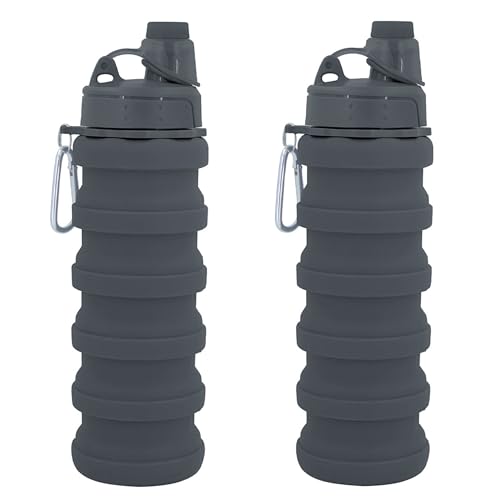Collapsible Water Bottles Travel water bottle Sports Portable Sport Water Bottle Reusable Water Bottles comes with mountaineering Buckle 500ml silicone Water-proof camping water bottle - color: Grey+Grey, style: 2 pack