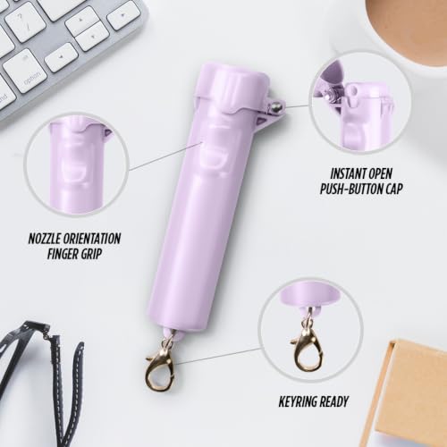 Packin' Heat 0.28 oz Compact Pepper Spray for Self Defense, Small Keychain Pepper Spray for Women, 12 ft Range, 1.44% Major Capsaicinoids, UV Dye, Push-Button Safety Cap, Snap Clip - color: Rose Pink/Black/Lavender- 3 Pack