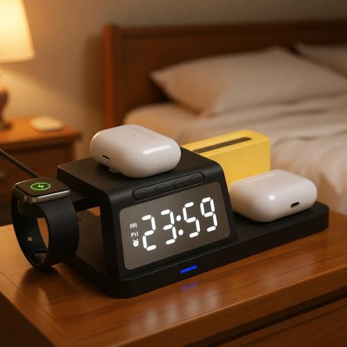 IHAO 6in1Digital Alarm Clock with Wireless Charging Station Night Light 15W Fast Charging for Qi Phone Headphone Bracket for iWatch Charger LED Display Dimmable Brightness-HT309 Black - color: Wireless Charger Alarm Clock Ht309 Black