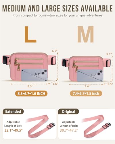 Capolo Fanny Packs for Women 4 Zip Pocket Crossbody Belt Bag Waist Bags - color: Pink, size: Large