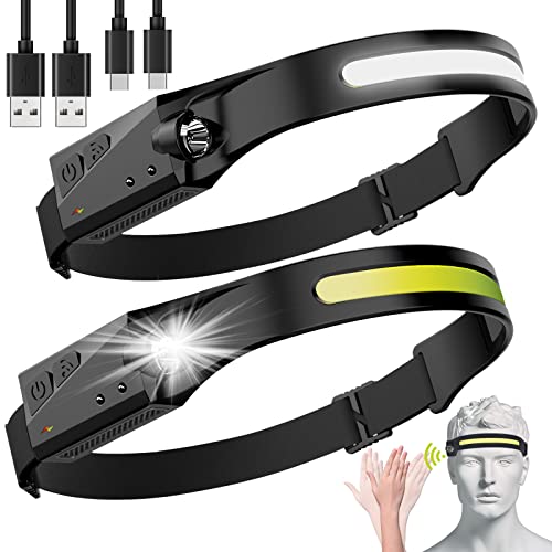 2 Pack LED Headlamp, Rechargeable Motion Sensor Wide Beam Headlight