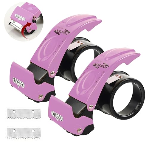 Blade Safety Pink Cover Packing Tape Dispenser Gun 2-Inch, 2 Pack Metal Tape Gun with Safety Protection, 3-Inch Inner Paper Core