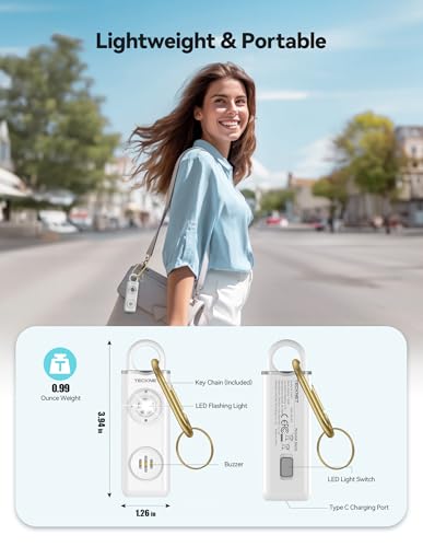 TECKNET Rechargeable Personal Safety Alarm for Women, 130dB Self Defense Keychain Alarm with SOS Strobe Light, Low Battery Notice, Loud Siren Safety Keychain for Girls Kids Elderly - White - color: White