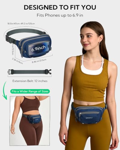 WATERFLY Small RFID Fanny Pack: 1.5L Waist Bag 12" Extender Belt for Hiking - color: Dark Blue