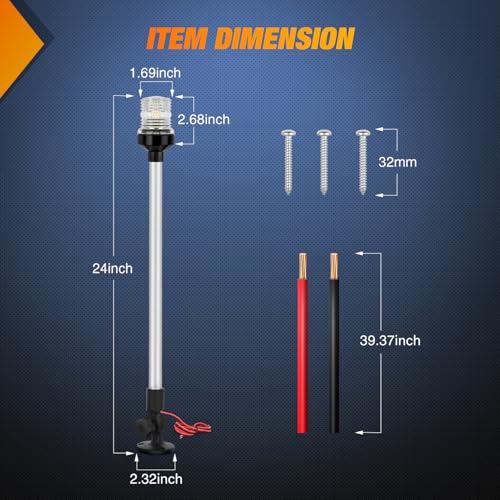 Nilight Marine Boat Stern Light 24" White Fold Down Anchor Lights - color: 24Inch Boat Stern Light
