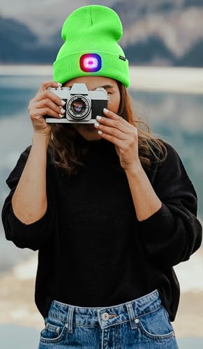 ATNKE LED Lighted Beanie Hat,USB Rechargeable 4 LED Red and Blue Flashing Running Headlamp Cap Gifts for Men and Women - color: #Fluorescent Green