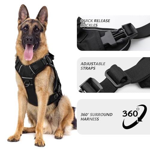 WINGOIN Black Tactical Dog Harness for Extra Large Dogs,No Pull Dog Harness - color: Black, size: XX-Large: 110-160 lbs (Chest:36-43",Neck:26-37")