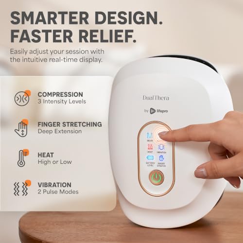 Lifepro DualThera Hand Massager – Finger Stretching, Heat & Compression - color: White