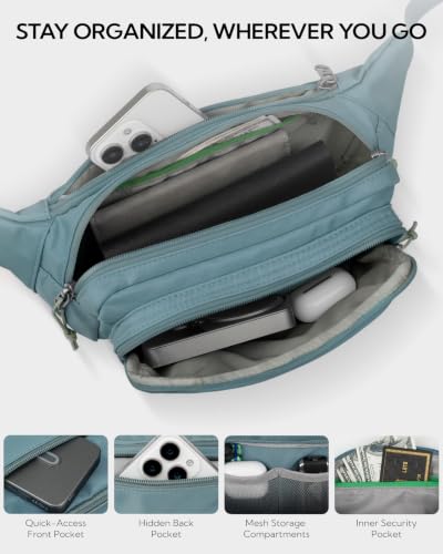 WATERFLY Fanny Pack Waist Bag: 2.5L Large 5 Zipper Pockets for Women Men - color: Mist Blue