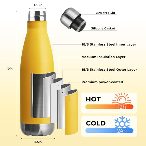 MEWAY 17oz Sport Water Bottle 12 Pack Vacuum Insulated Stainless Steel Leak-Proof Double Wall Cola Shape Water Bottle,Keep Drinks Hot & Cold (Yellow,12 Pack) - color: Yellow