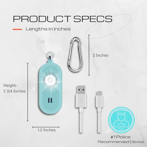 Rechargeable Personal Safety Alarm for Women. 130dB Siren. Ear-Piercingly Loud w/ Flashing LED Strobe Light Siren Keychain (Aqua) - color: Aqua