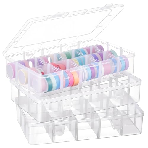 Leinuosen 3 Pack Clear Washi Tape Organizer Storage 15 Grids Plastic Organizer Box Adjustable Dividers for Jewelry, Washi Tapes, Art DIY Crafts, Beads and Small Parts