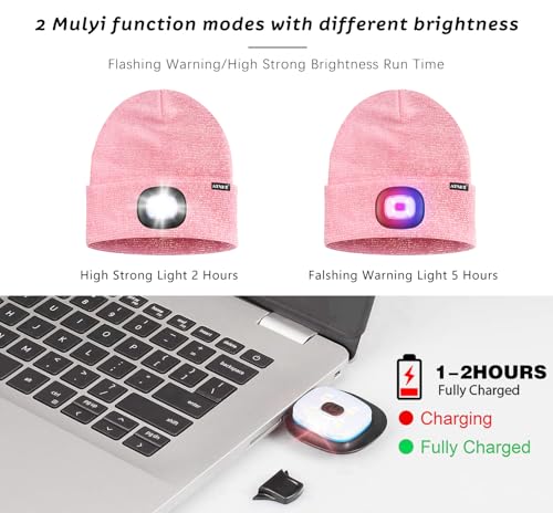 ATNKE LED Lighted Beanie Hat,USB Rechargeable 4 LED Red and Blue Flashing Running Headlamp Cap Gifts for Men and Women - color: #Blended Pink Goldwire