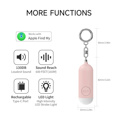 Personal Safety Alarm for Women Work with Apple Find My with 130DB Loud Speaker Safe Sound Personal Security Alarm Keychain with LED Lights Self Defense Keychain Siren (Pink)