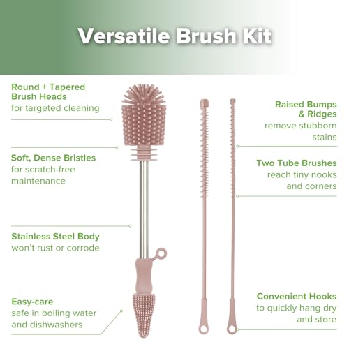 Haakaa Silicone Cleaning Brush Kit,Pink,Portable Bottle Brush Cleaner - color: Pink, size: 3 Piece Set