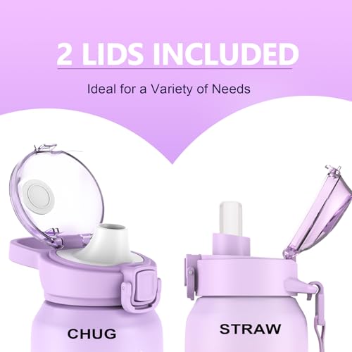 SLUXKE 24oz Insulated Water Bottle 18/10 Stainless Steel with 2Lids(Straw Lid& Spout Lids), 700ml Double Wall Vacuum Water Bottle with Handle Keep Cold and Hot for Men, Women & Kids PURPLE PINK - color: PURPLE PINK, size: 24 Ounces