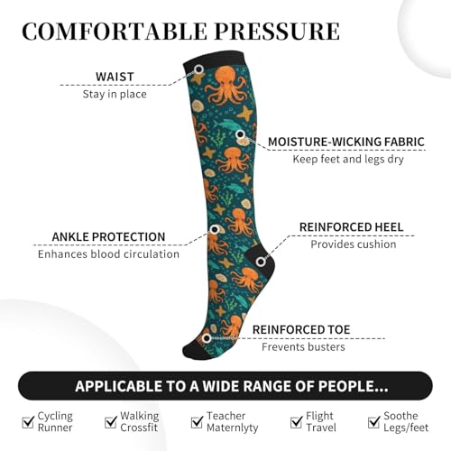 Patterned Knee High Socks for Women Men Athletic Running Travel Work - color: Ocean Octopus Marine