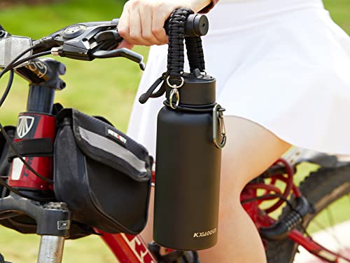 KXIAOCHEN Insulated Water Bottle with Strap, 48-Hour Cold, 2 Lids - color: Black, size: 32 Ounces
