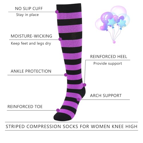 Junely Compression Socks for Women Knee High Striped Polka Dot Stockings - color: Black Purple