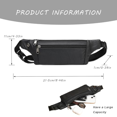 Leather Belt Bag,Black Belt Bag Mens Fanny Pack Crossbody 3-Zipper Pockets Phone Bag Fits All Phones Wallet Keys, Casual Hands-Free Waist Pack For Travel Workout Running Gifts