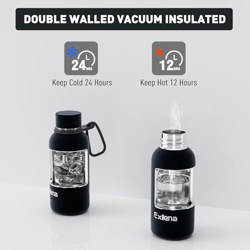 Exllena Small Water Bottle 12oz with Clip, Double Wall Stainless Steel Vacuum Small Insulated Water Bottle Keeps Drinks Cold 24 Hrs/Hot 12 Hrs for Kids Handbag School BPA Free (Black) - color: Black, size: 350 ml